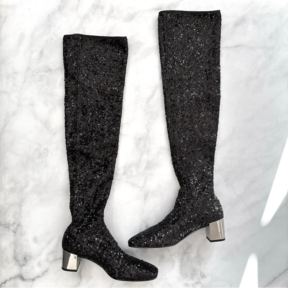 NEW Roger Vivier Sequin OTK Over the Knee Low Block Heel Sock Boots Black 35